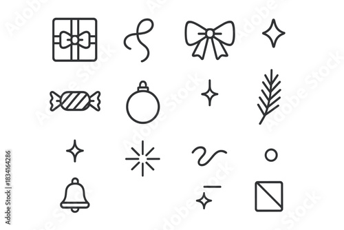 Festive Icon Set. Festive flat lay. Line outline icon set of Festive flat lay: wrapped gift, ribbon, bow,