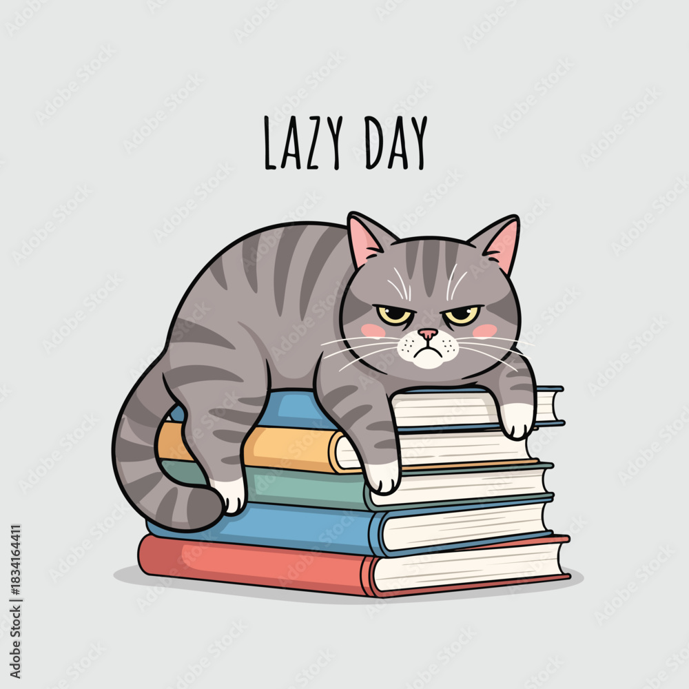 Naklejka premium A grumpy cartoon cat with stripes lounges lazily on a stack of colorful books, expressing boredom or disinterest
