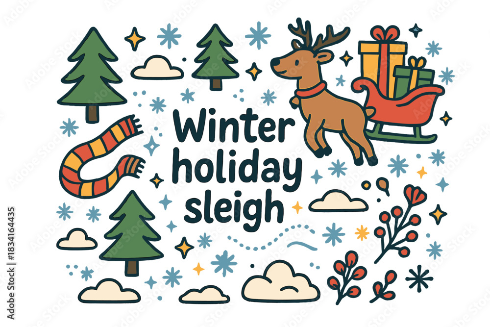 Fototapeta premium Winter Sleigh Doodle. Winter holiday sleigh. Hand-drawn doodle illustration of Winter holiday sleigh. reindeer