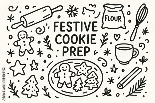 Festive Cookie Prep. Festive cookie prep. Hand-drawn doodle illustration of Festive cookie prep. Central