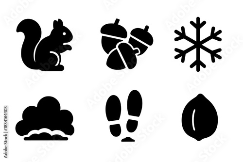 Winter Nature Icons. Winter nature snack. Filled icon set of Winter nature snack: squirrel, acorn pile, pine