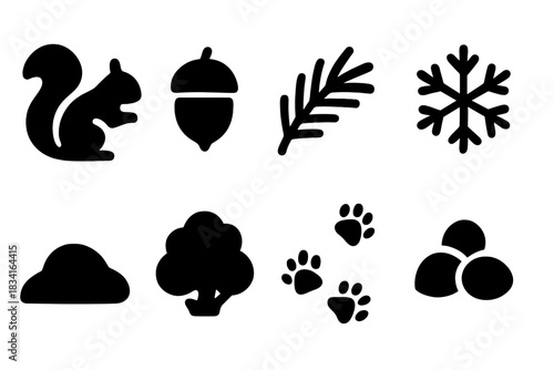 Snowy Animal Icons. Snowy woodland animal. Filled icon set of Snowy woodland animal: squirrel, acorn, pine