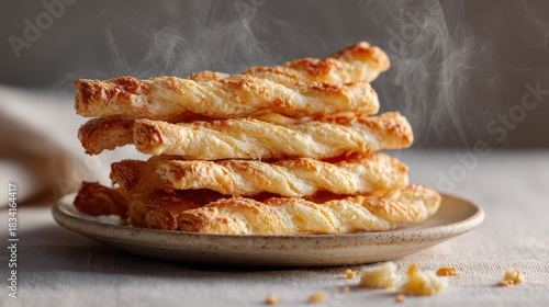 Cheese Twists On Ceramic Plate With Steam Rising. Freshly Baked Pastry Delight