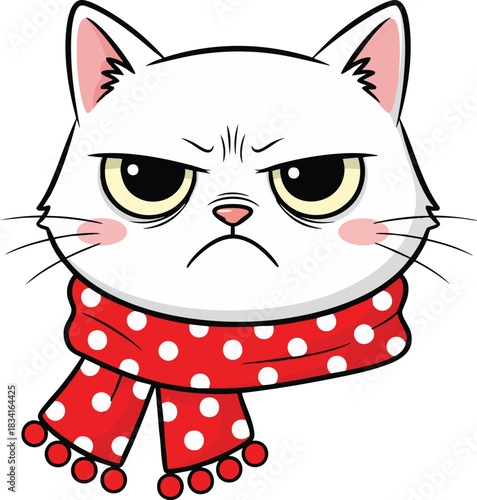 A grumpy white cartoon cat head with furrowed brows expresses annoyance. This cute feline wears a red polka dot scarf