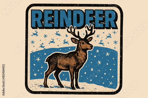 Retro Reindeer Sticker. Reindeer in the snow. retro sticker block lettering, bold cut-out outline in black,