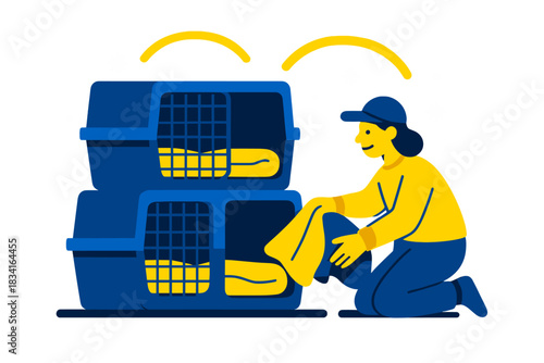 Cozy Winter Kennel. Warm bedding setup. A staff member arranges blankets in kennels, tiny snowflakes outside