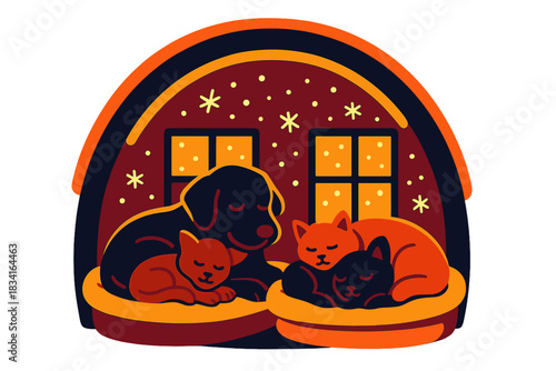 Cozy Winter Shelter. Winter pet care. Dogs and cats snuggle in heated bedding inside a shelter, soft