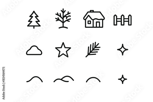 Winter Miniatures Icons. Winter miniatures. Line outline icon set of Winter miniatures: tiny pine,