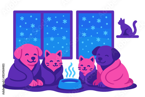 Cozy Animal Shelter. Cozy animal shelter. Puppies and kittens wrapped in blankets, soft vapor curls rise from