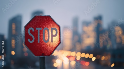 Stop Sign With Blurred Cityscape Background At Dusk. Urban Traffic Safety And City Life