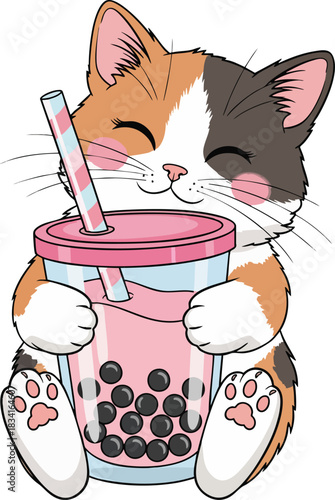 A joyful cartoon calico cat blissfully hugs a pink bubble tea cup, with dark tapioca pearls and a striped straw