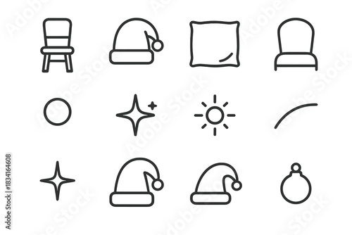 Festive Chair Icon Set. Festive chair scene. Line outline icon set of Festive chair scene: chair silhouette,