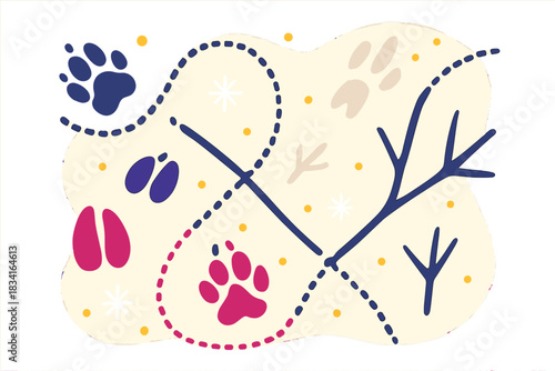 Wildlife Snow Trails. Track patterns in snow. Crossed trails from multiple wildlife species, snowflakes and
