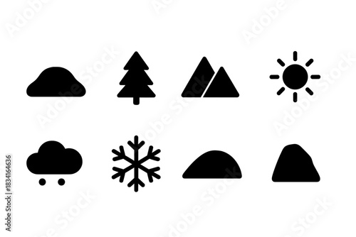 Snowy Icons Grid. Snowy horizon. Filled icon set of Snowy horizon: snow mound, pine tree, mountain peak, sun,