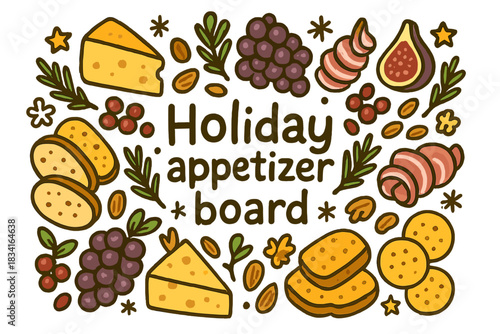Festive Snack Platter. Holiday appetizer board. Hand-drawn doodle illustration of Holiday appetizer board.
