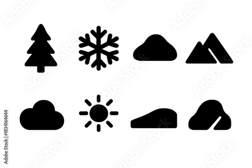 Winter Icon Set. Winter serenity. Filled icon set of Winter serenity: pine tree, snowflake, snow mound,