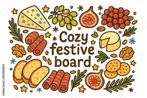 Cozy Festive Feast. Cozy festive board. Hand-drawn doodle illustration of Cozy festive board. cheeses, cured