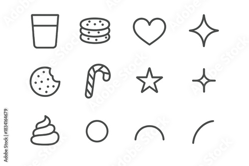 Cozy Snack Icons. Cozy snack scene. Line outline icon set of Cozy snack scene: glass of milk, cookie stack,