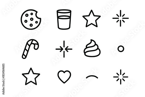 Festive Snack Icons. Flat lay festive snack. Line outline icon set of Flat lay festive snack: overhead cookie,