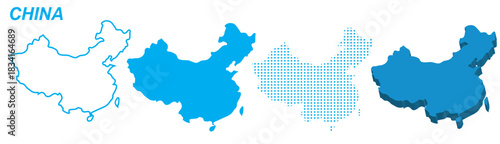 China Map Vector Set, Asian Outline Silhouette Dotted 3D Solid Shapes, China Country Infographic Template, Editable EPS China Geography