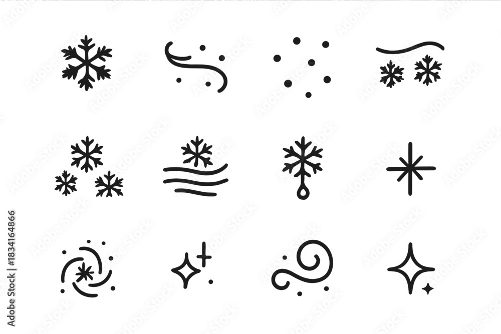 Fototapeta premium Falling Snow Icons. Falling snow. Line outline icon set of Falling snow: snowflake cluster, soft swirl, tiny