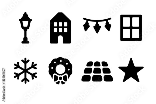 Evening Town Icons. Evening town lights. Filled icon set of Evening town lights: street lamp, building, string