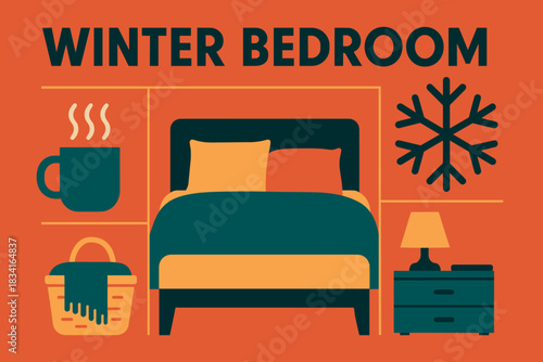 Cozy Winter Retreat. Winter bedroom aesthetic. Modern minimalist poster banner, bold sans-serif typography,