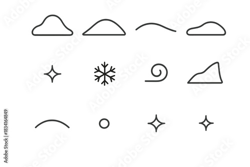 Snow Drift Icons. Snow drift details. Line outline icon set of Snow drift details: snow mound, soft slope,