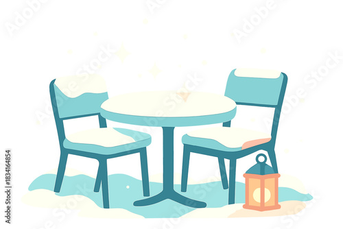 Snowy Patio Glow. Snow-covered outdoor patio. A table and chairs are blanketed in fresh snow, with soft spark