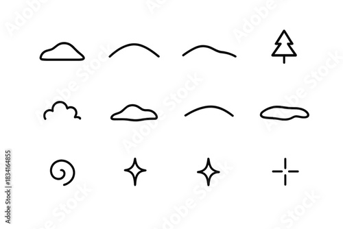 Snowy Icon Grid. Snowy landscape. Line outline icon set of Snowy landscape: snow mound, distant hill, soft