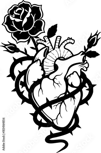 Gothic Black Heart, Rose, and Thorns Vintage Engraving
