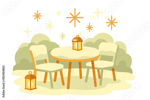 Cozy Snowy Patio. Frozen garden patio. Snow blankets an outdoor table with chairs, soft glowing lanterns and