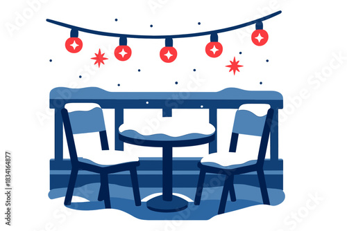 Snow-Covered Patio Glow. Frozen patio view. A small outdoor table is covered with snow, fairy lights glowing
