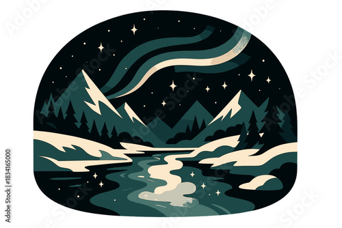 Aurora Over Icy Valley. Fantasy icy valley. Aurora streaks across the night sky, glowing mist rises from a