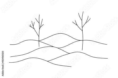 Minimalist Winter Landscape. Snowy scene abstract. Minimalistic one-line drawing layered snow mounds and