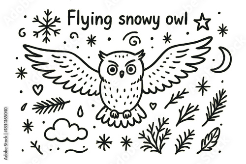 Doodled Snowy Owl. Flying snowy owl. Hand-drawn doodle illustration of Flying snowy owl. Central doodble (owl