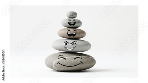 Emotional Stone Faces: A stack of smooth stones, each adorned with a distinct face expressing a spectrum of emotions, embodies the human experience in a unique and minimalist art. 