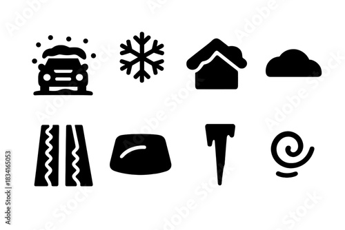 Snowy Vehicle Icons. Snowy vehicle scene. Filled icon set of Snowy vehicle scene: car, snowflake, roof snow,