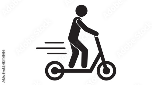Stick figure riding a scooter simple black vector icon for transportation and urban mobility isolated on white background