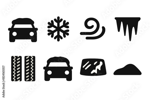 Frozen Car Icons. Frozen car detail. Filled icon set of Frozen car detail: car, snowflake, frost swirl, icicle