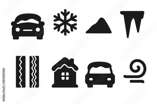Snow-Covered Car Icons. Car covered with snow. Filled icon set of Car covered with snow: car, snowflake, snow