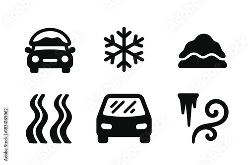 Winter Parking Icons. Winter parking scene. Filled icon set of Winter parking scene: car, snowflake, roof snow