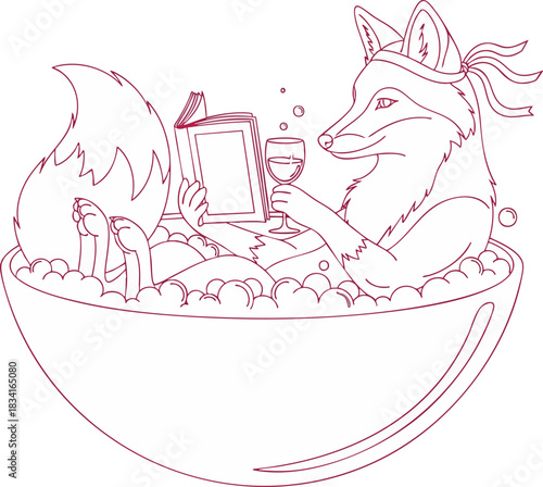 A whimsical cartoon fox enjoys a relaxing bubble bath while reading a book and holding a glass of wine