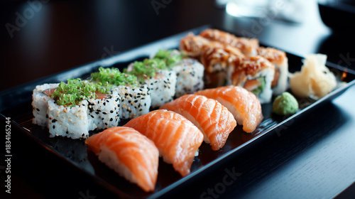 Wasabi and ginger sushi on a black platter.