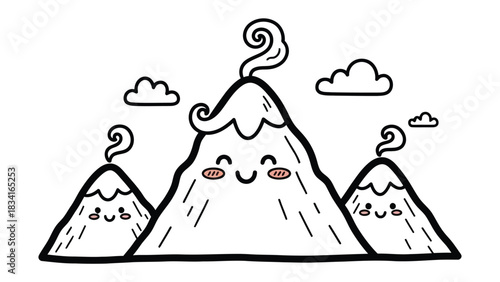 Happy Mountain Scene: Whimsical illustrations depict three smiling mountain peaks, each puffing gentle steam and framed by fluffy clouds. Capturing a playful scene of nature's beauty