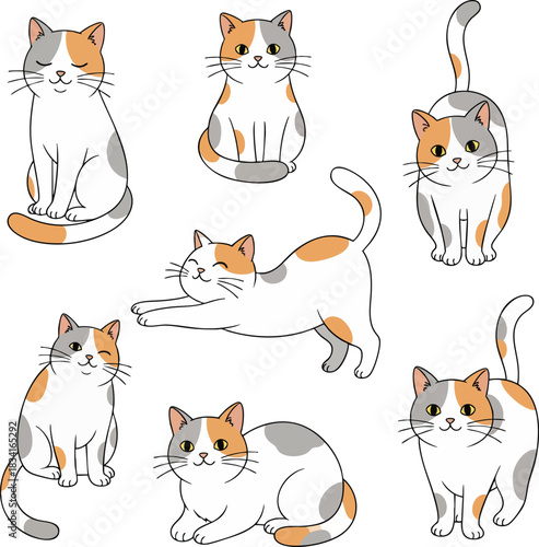 Adorable cartoon calico cats collection in vector style. Cute spotted kitties smile, wink, sit, stand, and stretch on a white background