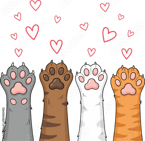 Adorable cartoon cat paws in various colors reach upwards with floating pink hearts, symbolizing love and affection