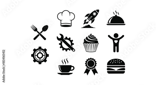 Collection of diverse icons representing food, creativity, and innovation