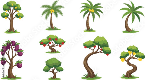 Cartoon fruit tree collection featuring apples, lemons, coconuts, and more—ideal for games, education, and nature-themed design projects.