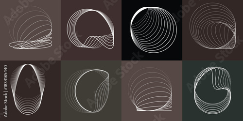 Abstract visual harmony of circles and curved lines , perfect for digital branding. Linear circular art with balanced curves ideal for posters, packaging and web design. Vector rotational shapes set.